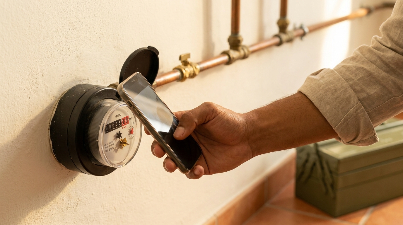 Close-up of a residential water meter dial being photographed with a smartphone for logging, with copper pipes and brass fittings visible on a white utility-room wall.