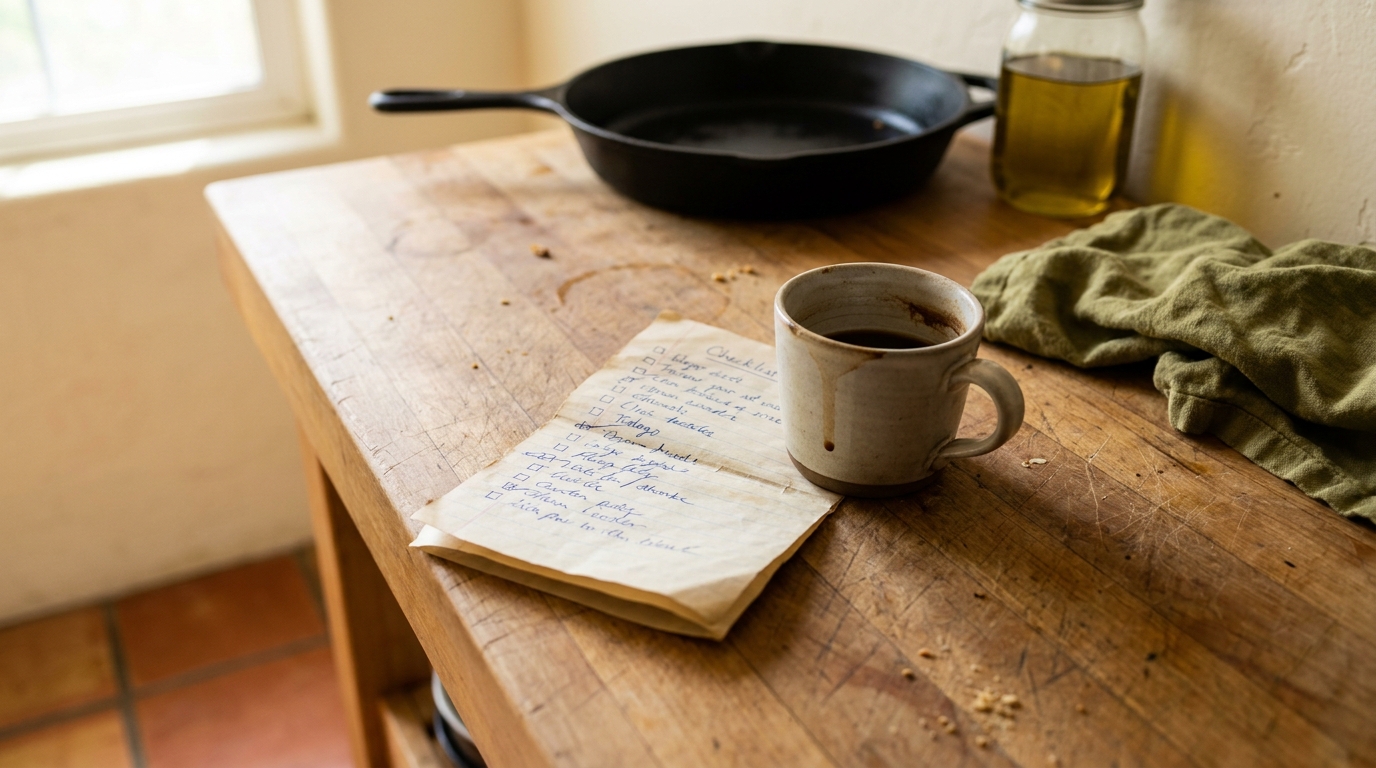 A hand-written paper checklist folded on a butcher-block kitchen counter, half-hidden under a ceramic coffee mug leaving a faint ring stain, with a cast-iron pan and an olive-oil jar in the blurred background.