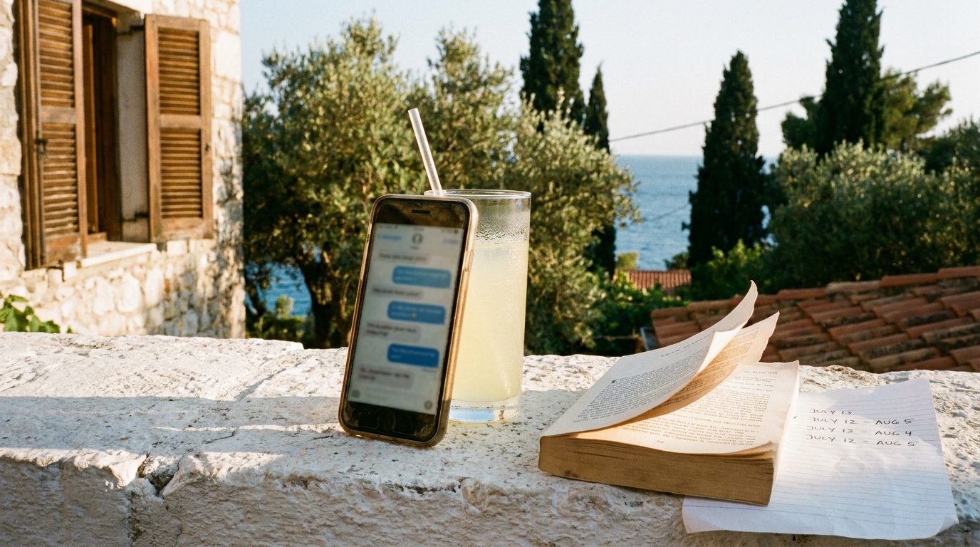 A smartphone propped on its side against a glass of lemonade on a whitewashed stone terrace wall, the chat-like screen content intentionally out of focus, beside a sun-faded paperback and a folded handwritten schedule with overlapping summer dates
