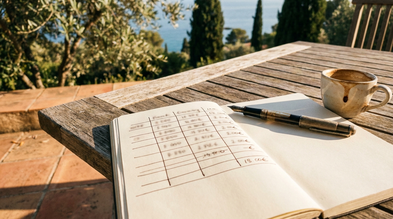 An open A5 notebook on a sun-bleached wooden terrace table with a hand-drawn comparison grid in fountain-pen ink, a half-empty espresso cup, and an out-of-focus view of the Mediterranean and cypress trees in the distance