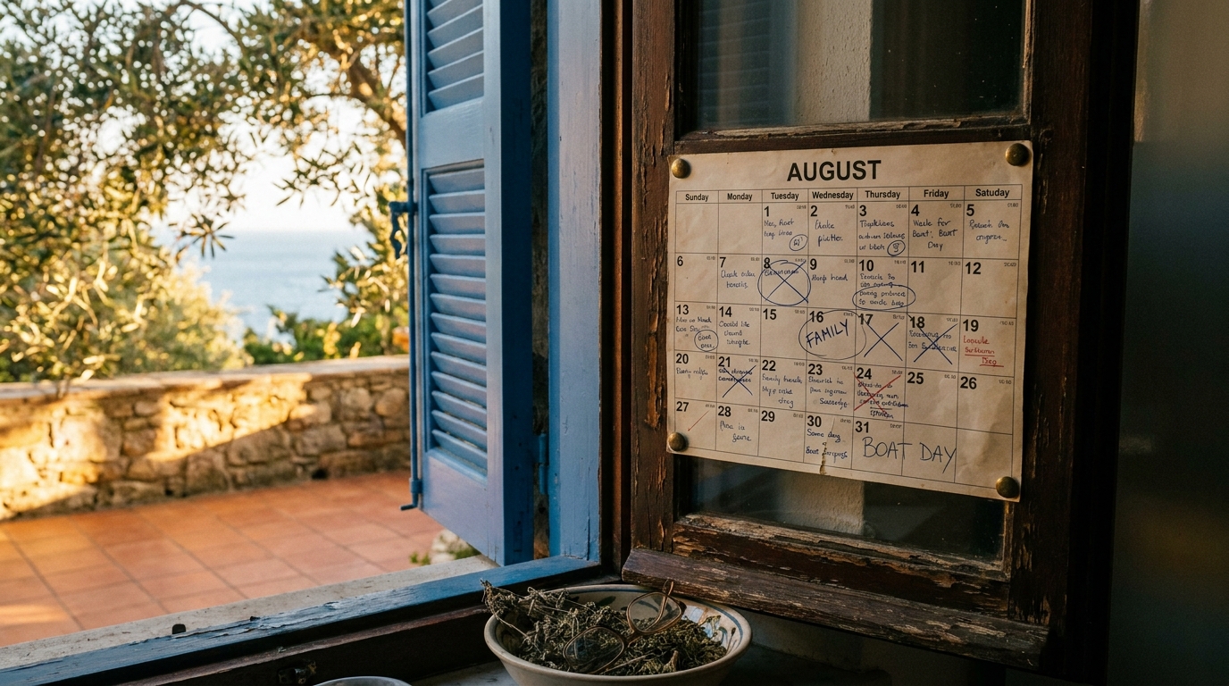 A traditional paper August wall calendar pinned to a weathered blue wooden shutter frame next to a sunlit Mediterranean window, with handwritten notes and family event labels marked across multiple weeks