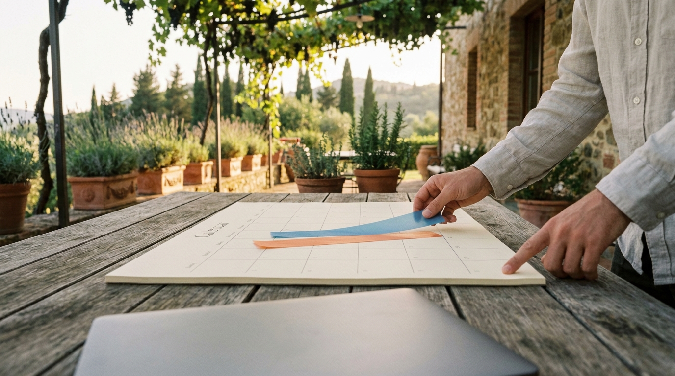 A family member moves one of two overlapping colored date strips on a paper calendar.