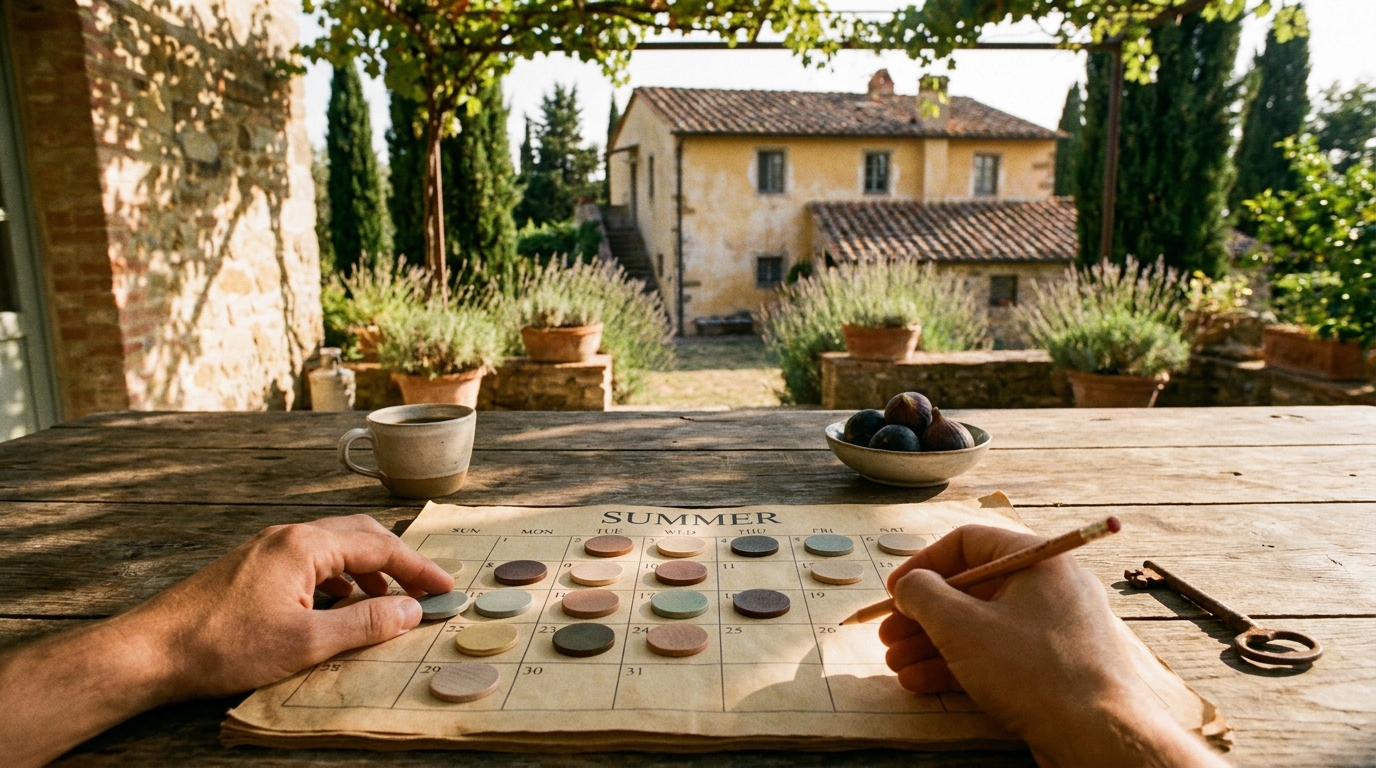 Two family members distribute colored booking markers across a paper summer calendar at a Tuscan farmhouse table.