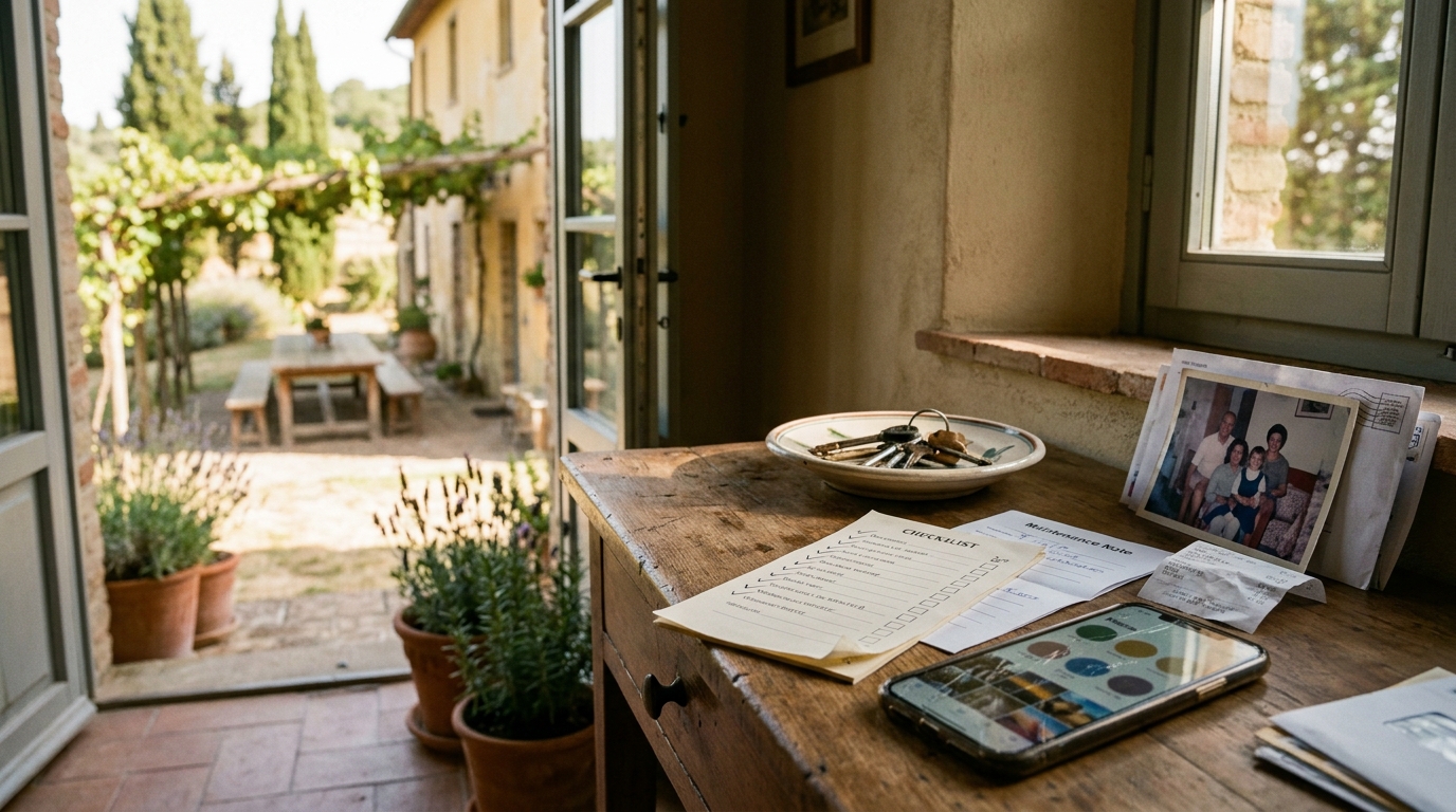 House keys, a checklist, maintenance note, receipt, family photograph, and phone arranged on a farmhouse entry table.