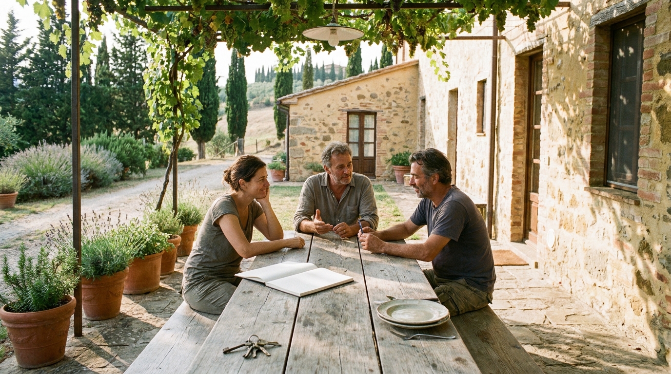Three adult family members discuss shared cabin guest boundaries around a Tuscan farmhouse table.