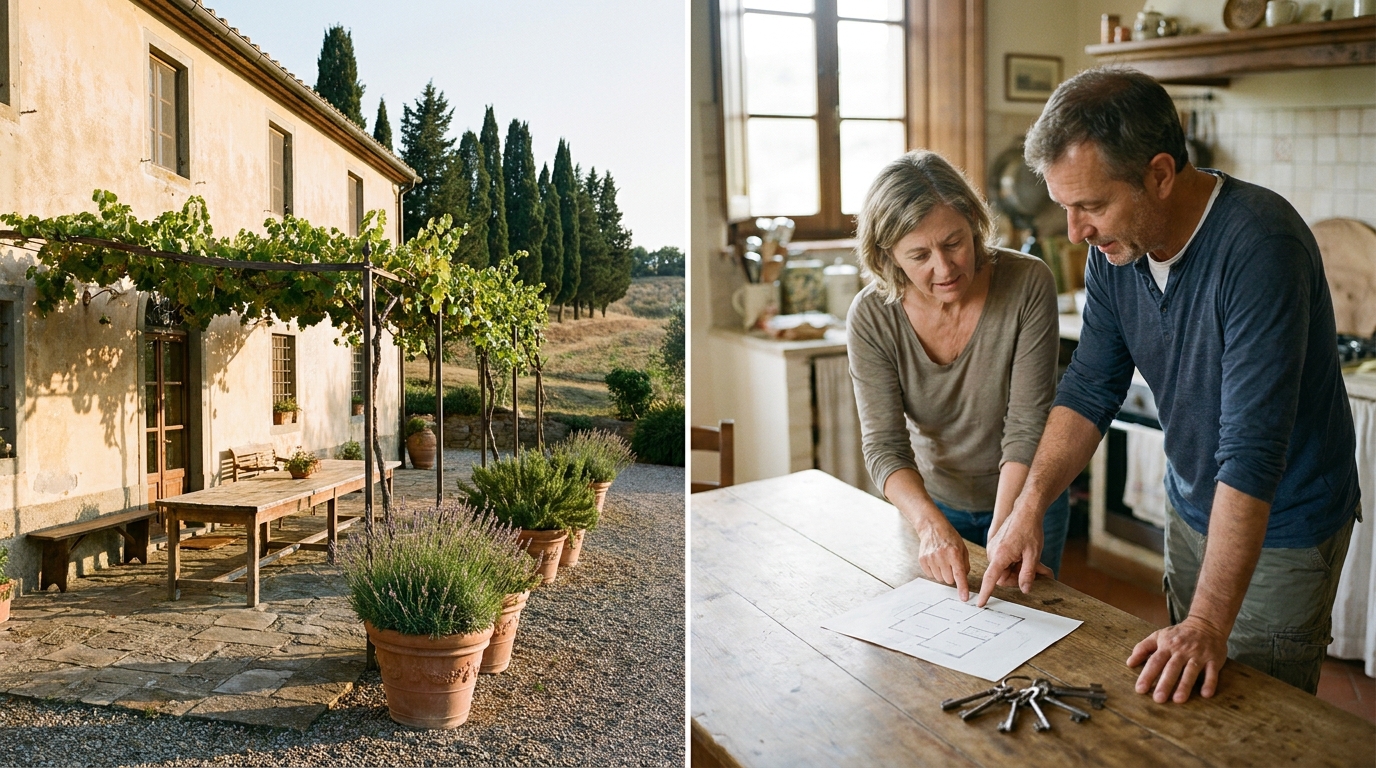Two adult siblings review a cabin layout and keys while agreeing who may bring guests.