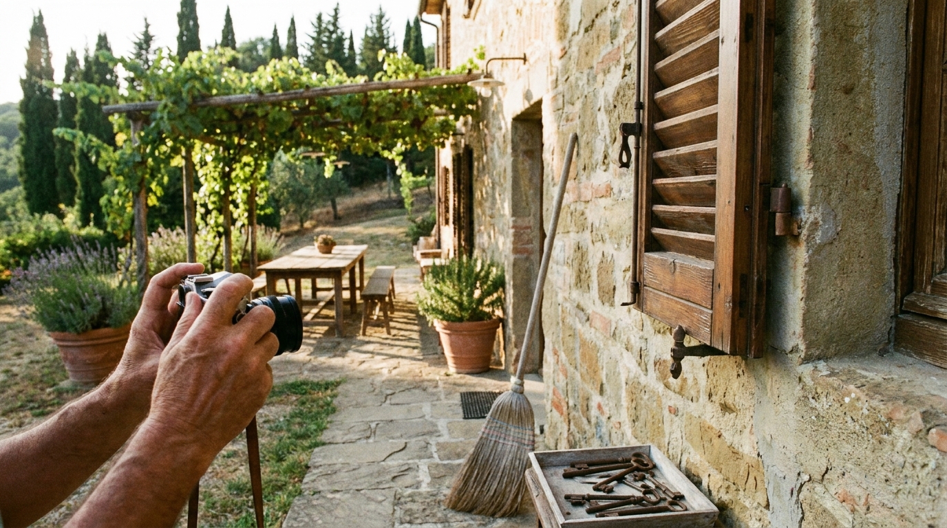 A family member photographs a loose shutter hinge after guests leave the shared cabin.