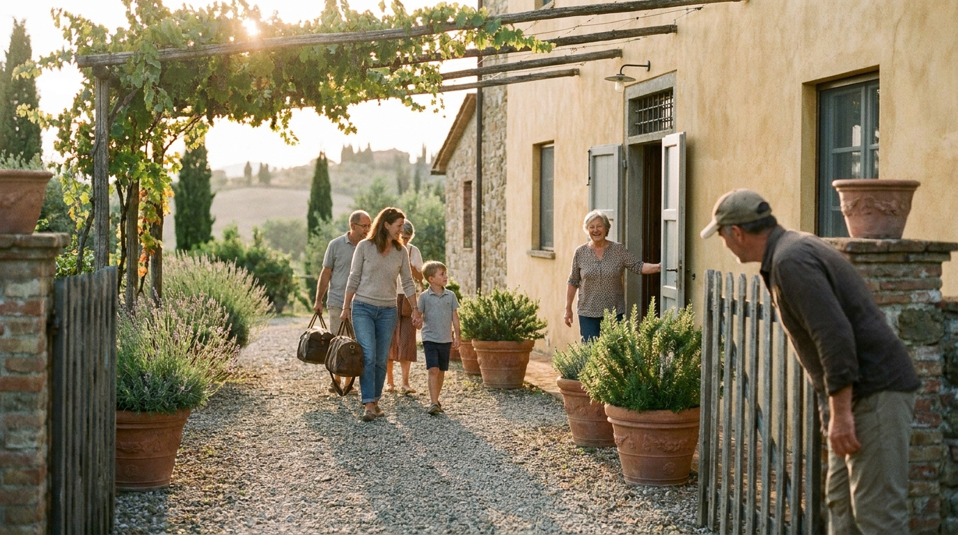 A multigenerational family arrives at a shared Tuscan cabin while their host welcomes them.