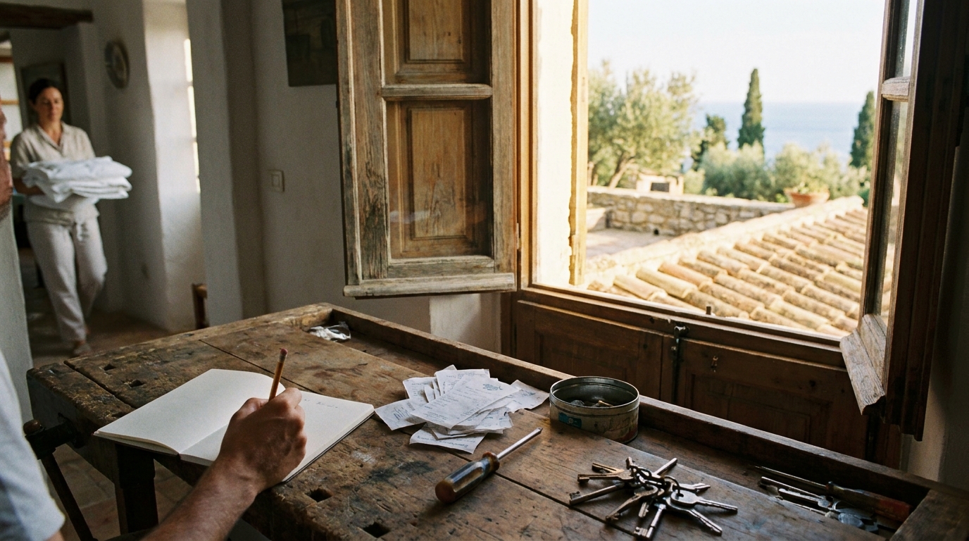 A family member records repairs beside receipts, tools, folded linens, and the shared house keys