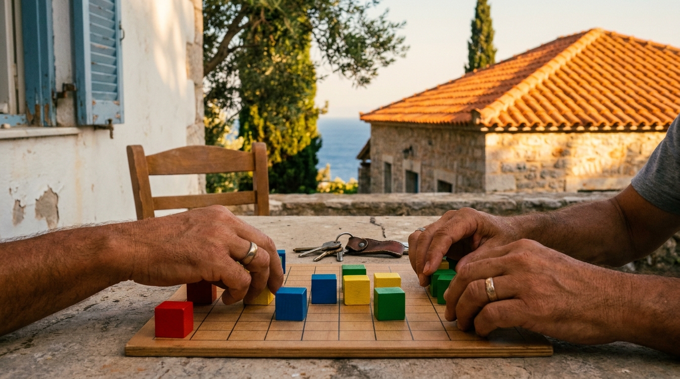 Two family members move colored booking blocks on a shared planning board beside the house keys