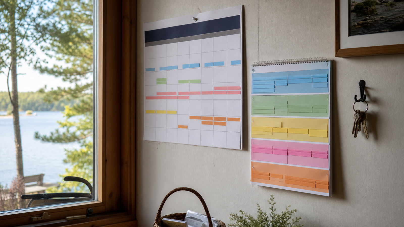 A family vacation home wall calendar with colour-coded seasonal usage blocks beside a lake-house window