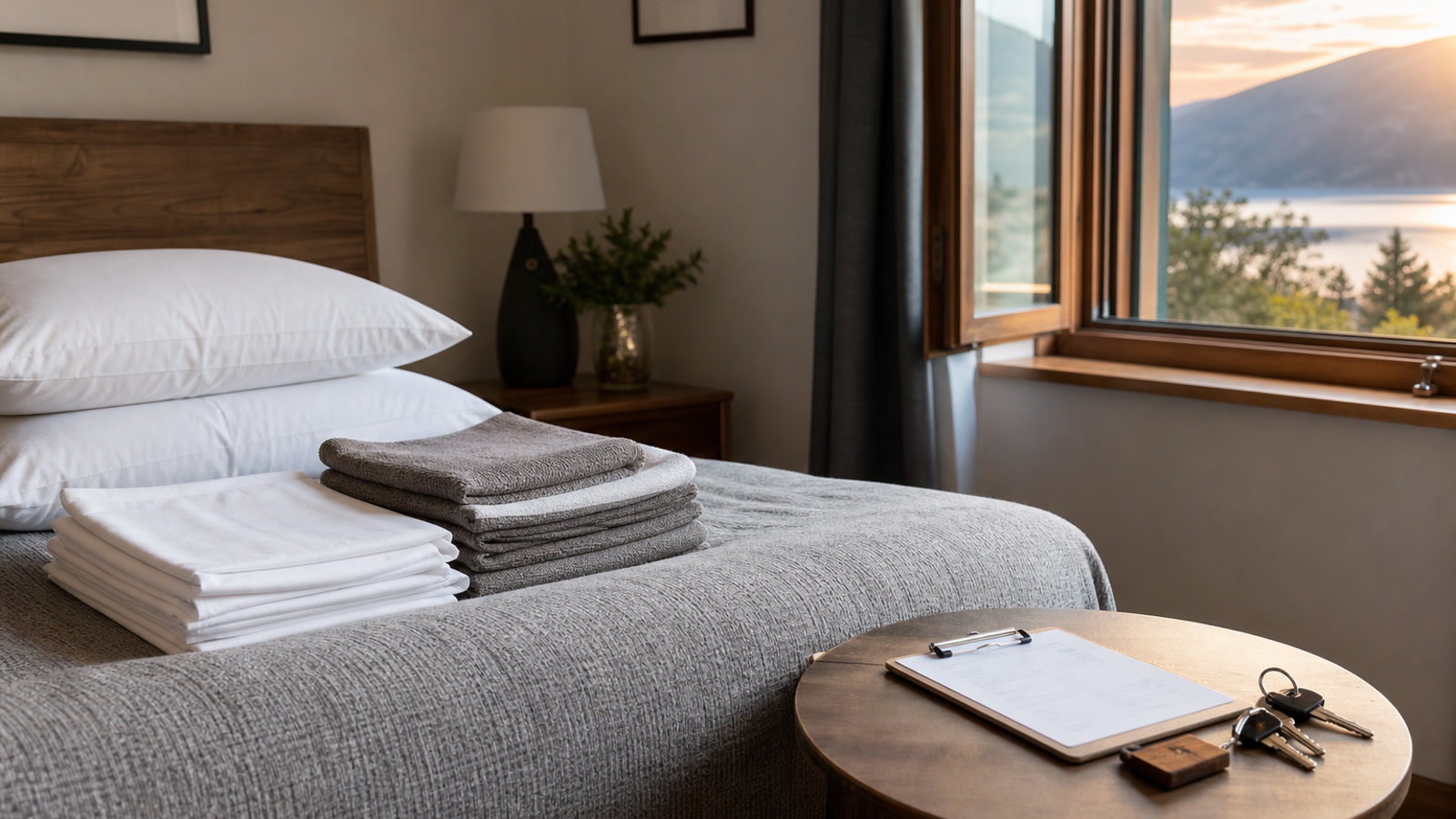 A tidy vacation home bedroom with folded linens, a clipboard checklist and keys ready for the next sibling household