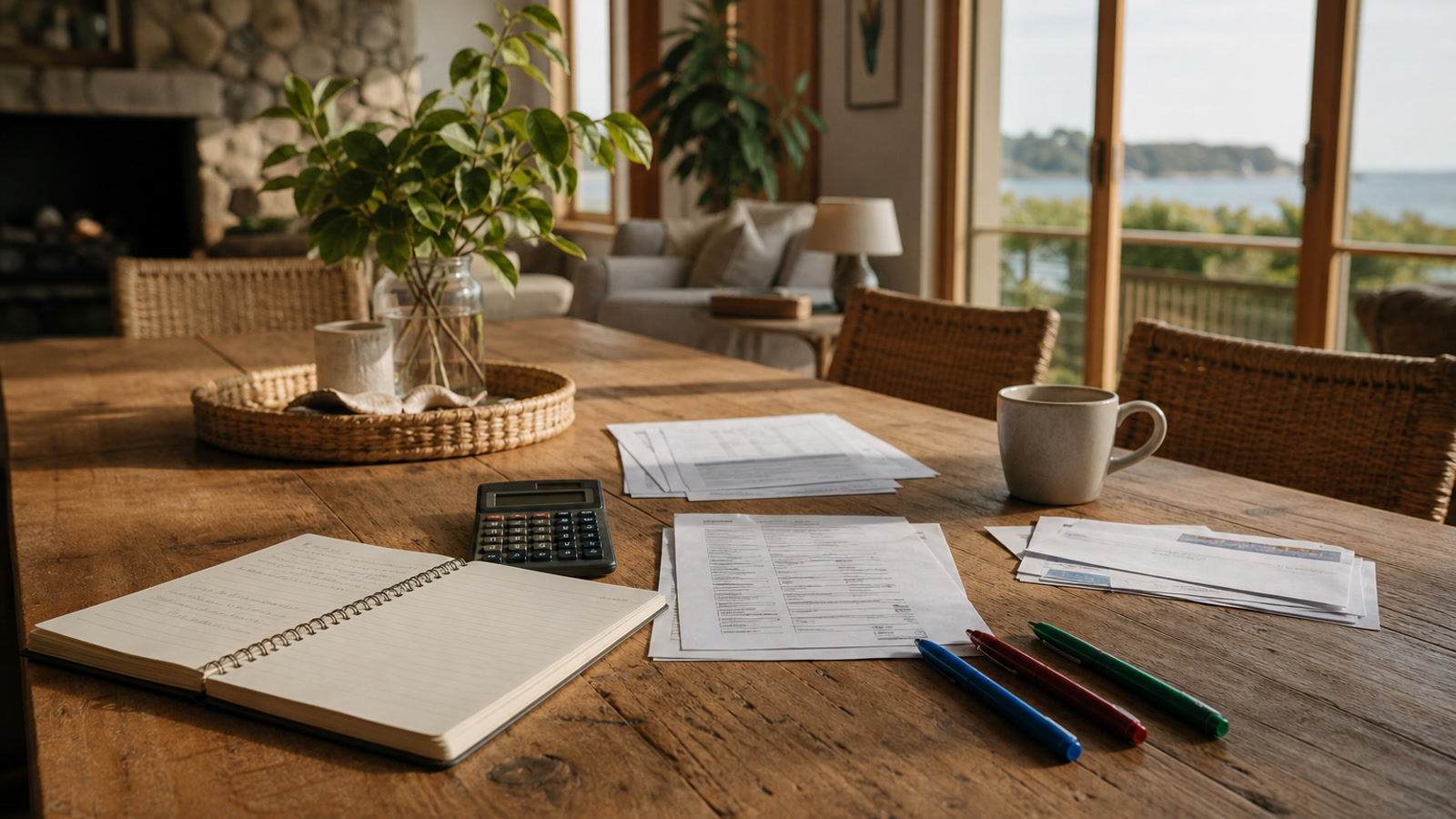 A shared vacation home table with utility bills, a calculator and coloured pens for dividing sibling costs