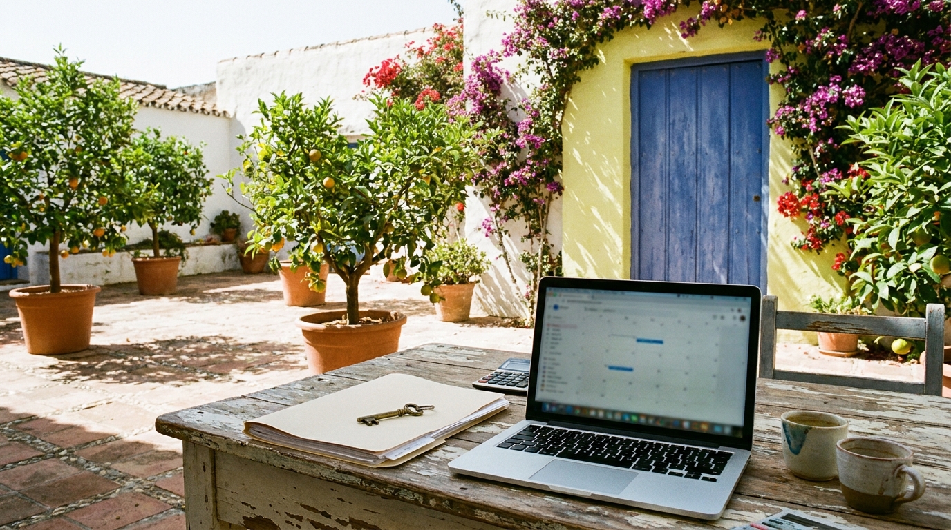 A second-home rental planning table in an Andalusian courtyard with a laptop calendar, compliance folder, calculator, keys, and coffee cups
