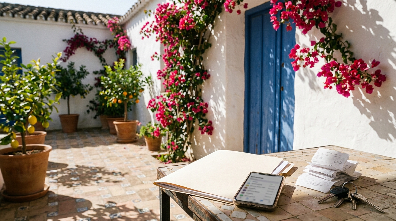 A rental registration folder, receipts, phone checklist, and house keys on a tiled courtyard table