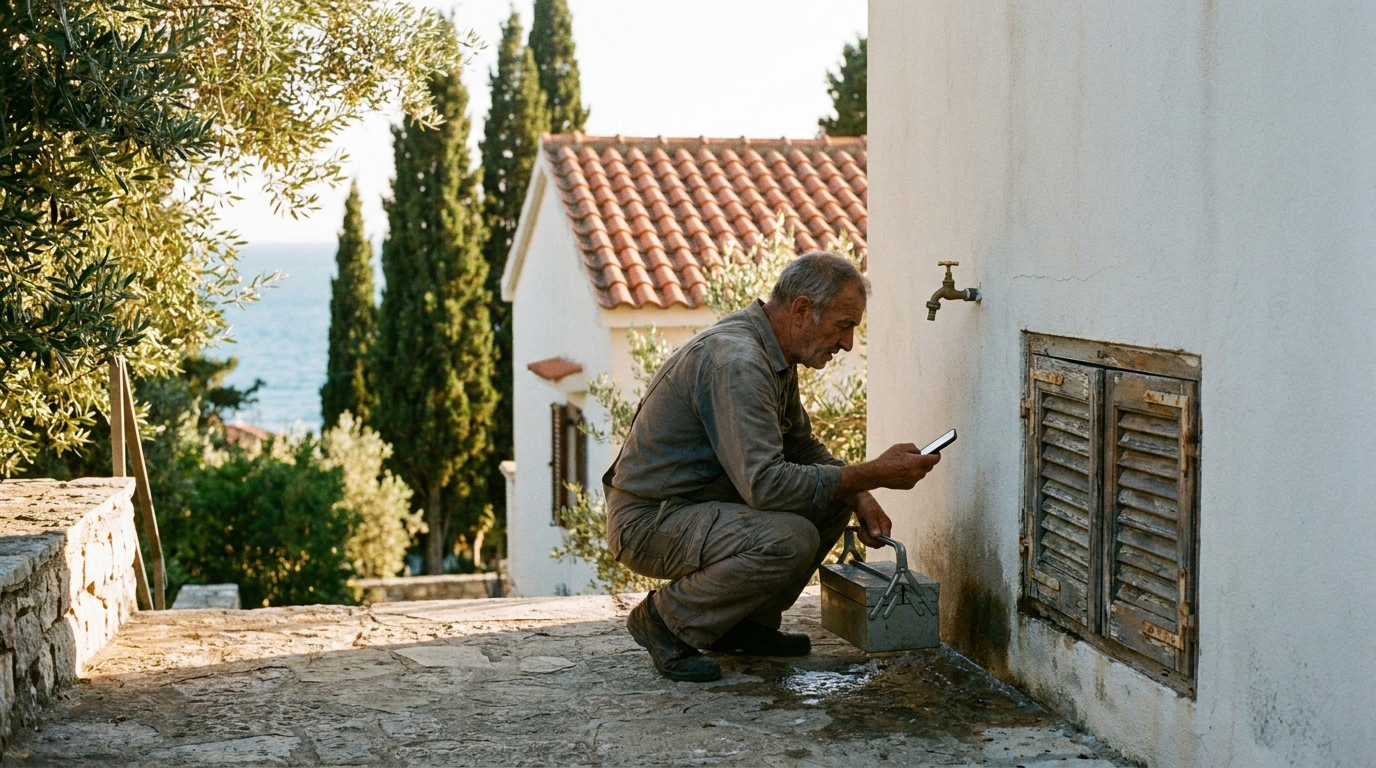 A local caretaker documents damp near an outdoor tap at an otherwise empty coastal home.