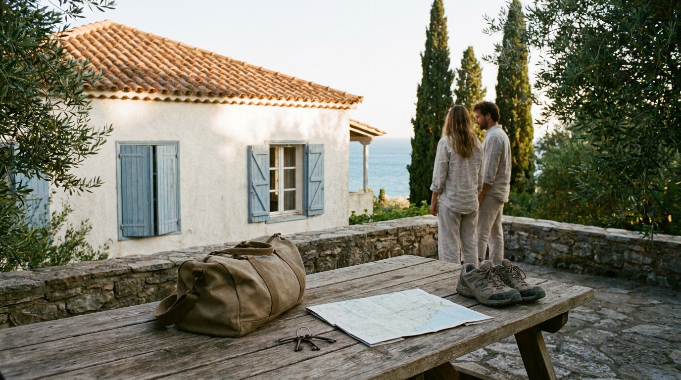 A couple arrives for a trial stay with a canvas travel bag, walking shoes, rental keys, and a local map.