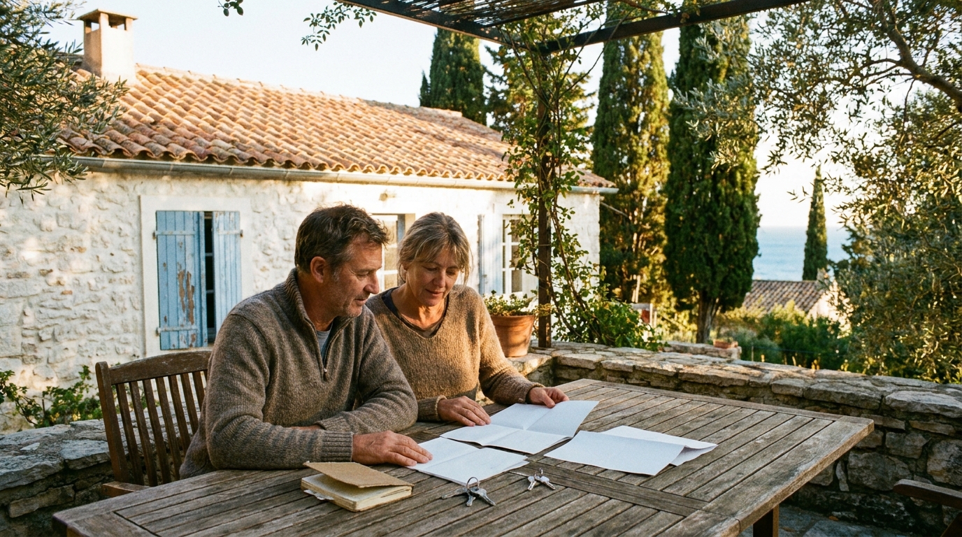 A middle-aged couple compares a household timeline and budget beside two sets of keys at a possible future retirement home.