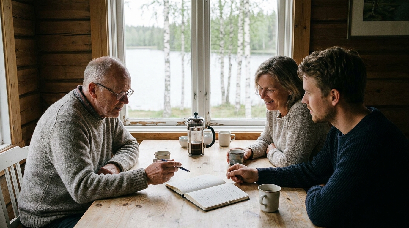Three generations of a family around a kitchen table planning who uses their shared home and when