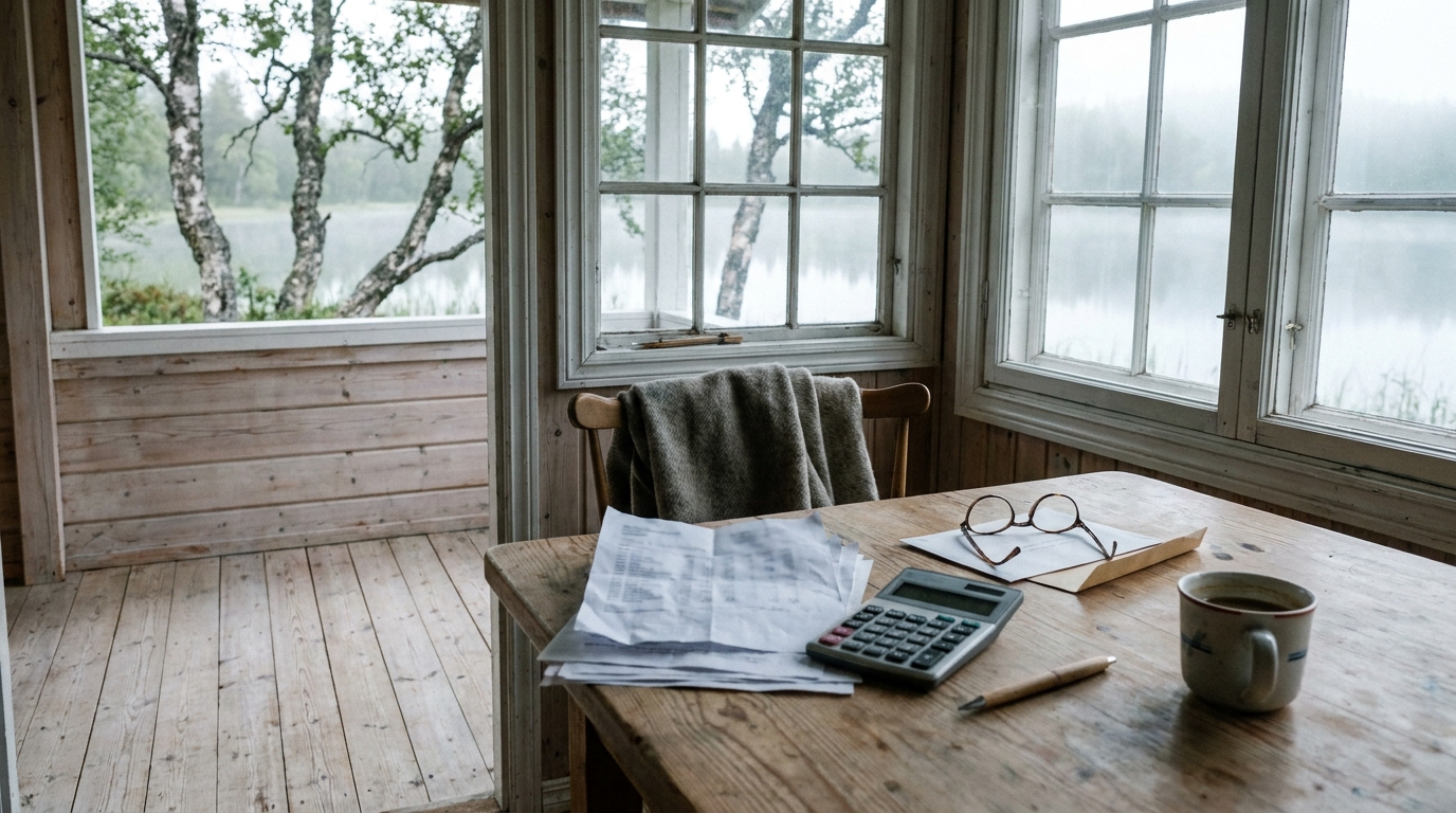 A stack of household bills, a calculator and reading glasses on a pine table by a lakeside window