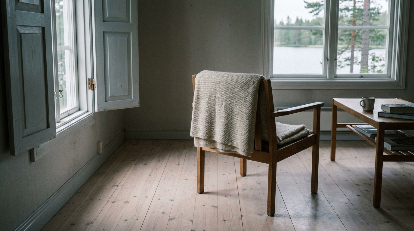 A quiet, empty Nordic summerhouse interior with a wool throw over a chair, unused for most of the year