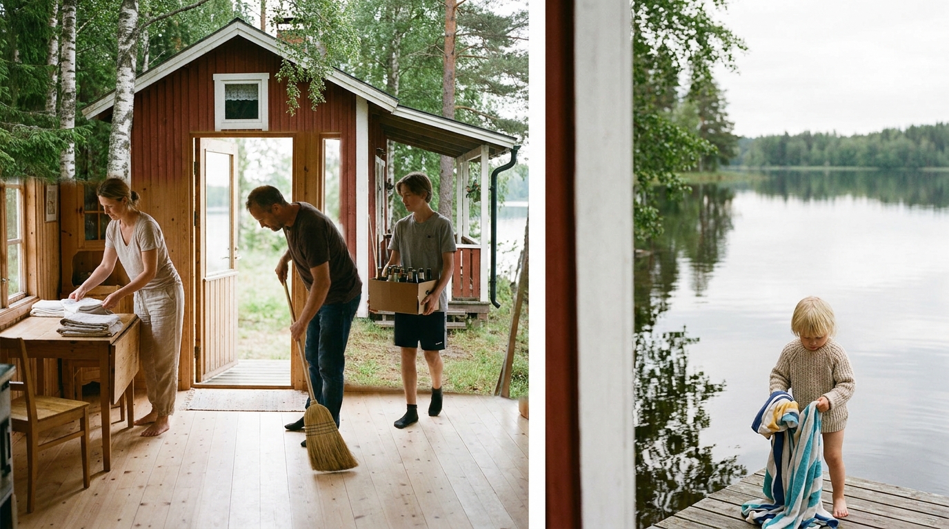 A family shares linen, sweeping, recycling, and beach-gear jobs while closing a summerhouse.