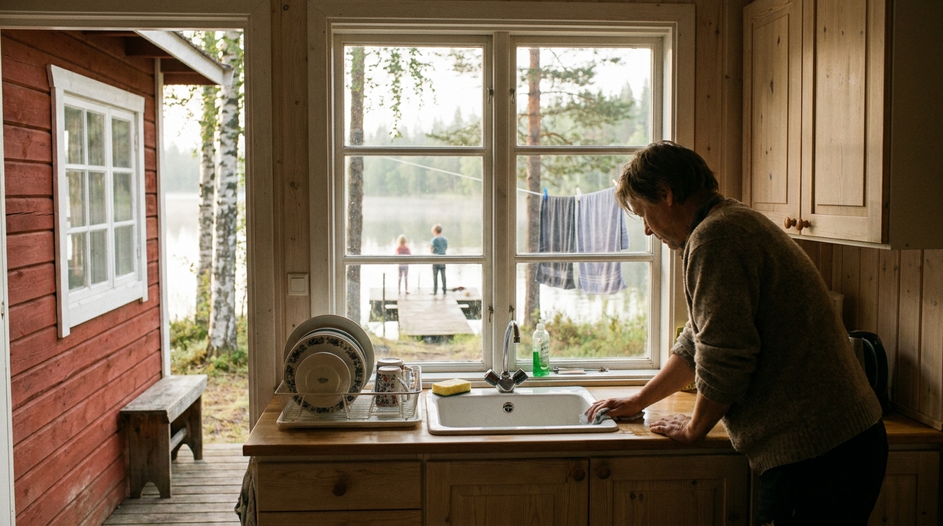 An adult cleans the summerhouse kitchen while two family members relax on the dock outside.