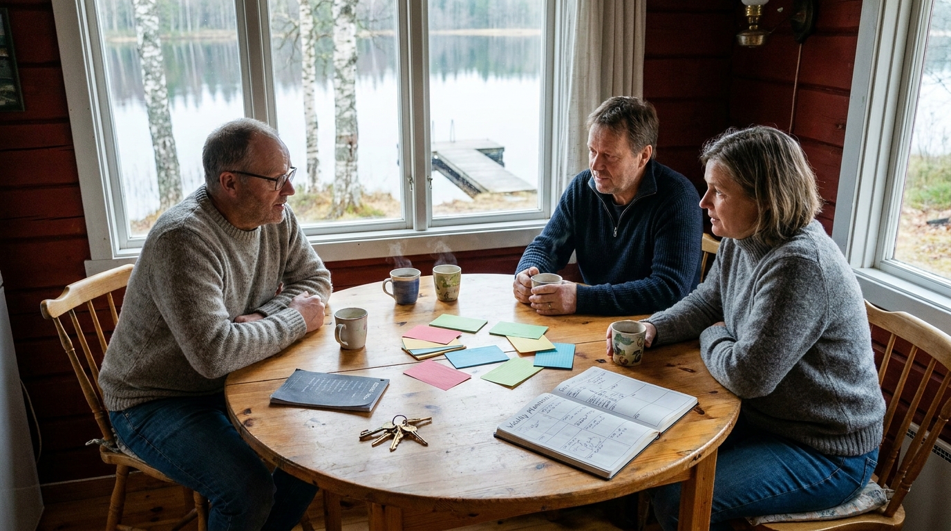 Three co-owners divide colored task cards around a wooden table in a lakeside cabin.