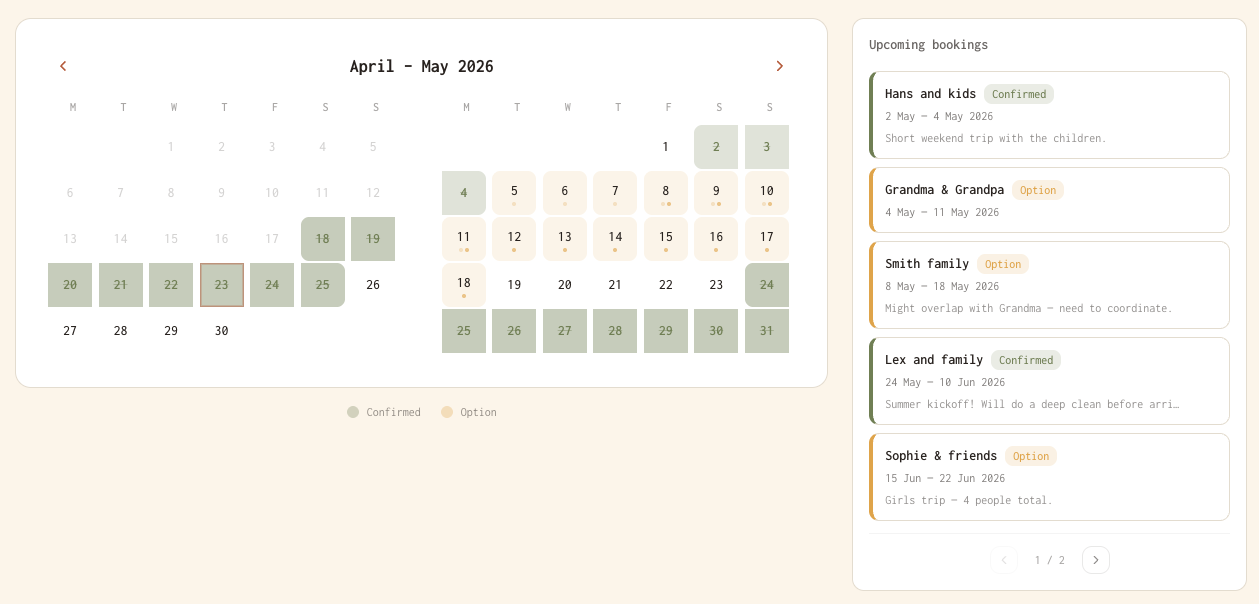 Ripazo's shared agenda showing confirmed and optional bookings for April and May 2026 with named families