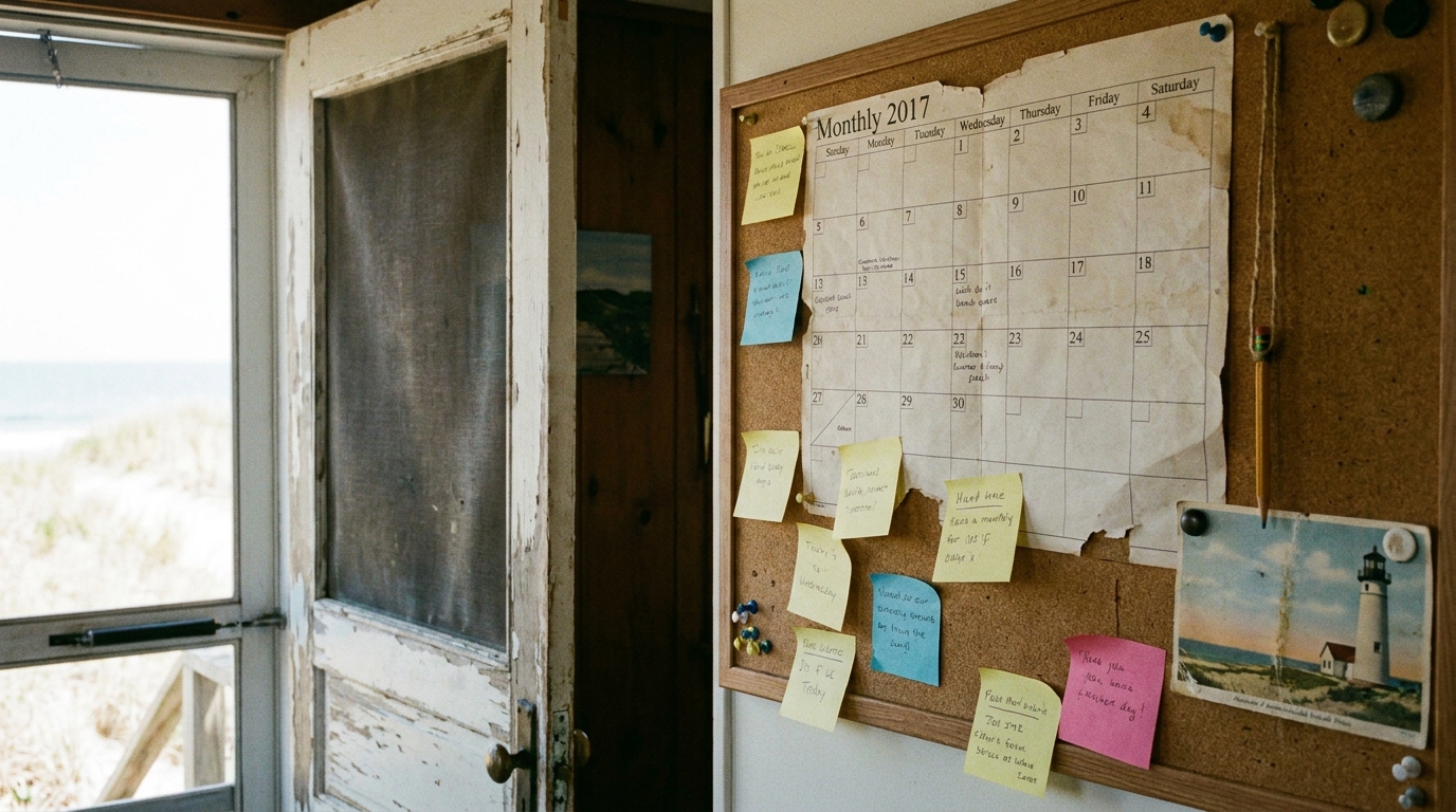 A paper monthly calendar tacked to a kitchen cork board, layered with sticky notes in several different handwritings