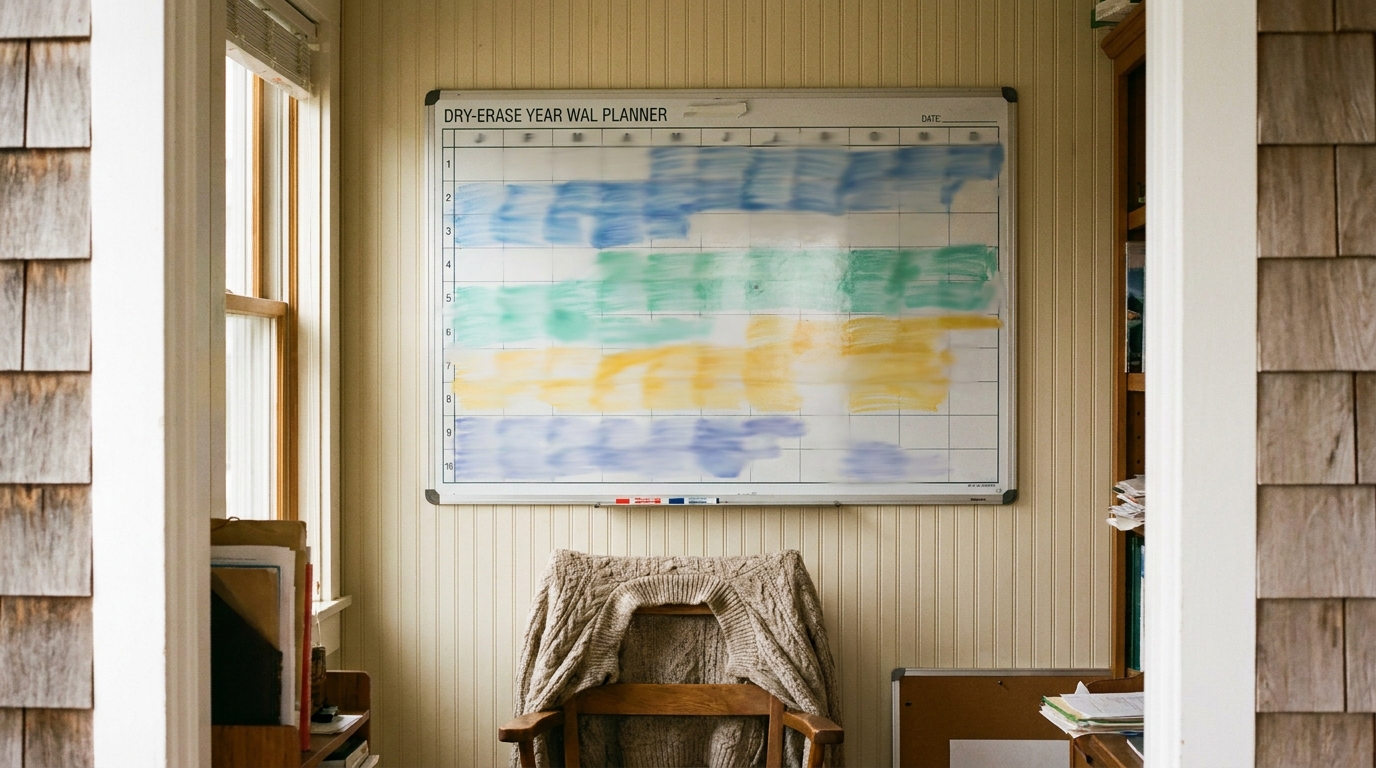 A full-year wall planner with each month marked in bands of coloured marker pen, showing a whole season at a glance