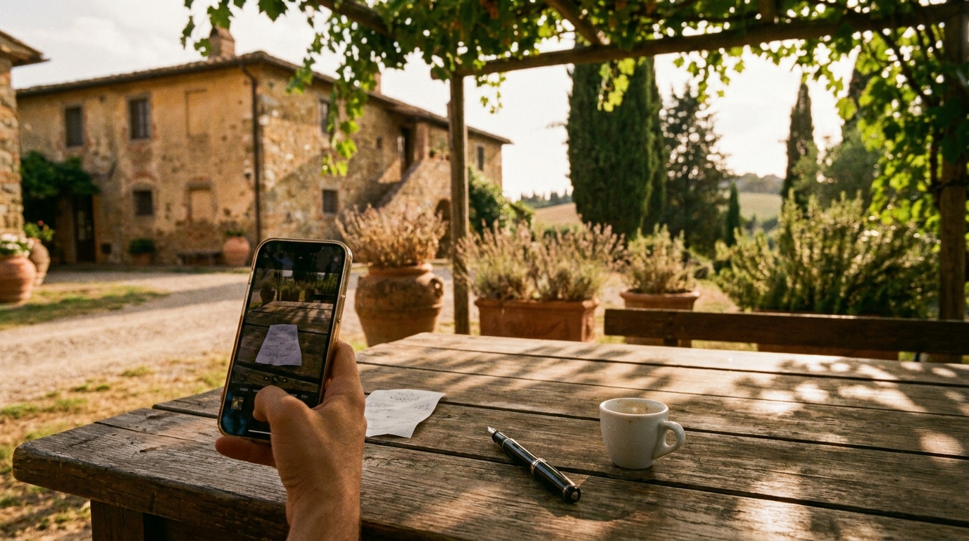 A hand using a smartphone to photograph a paper receipt on a wooden table, the receipt framed inside the phone's camera viewfinder.