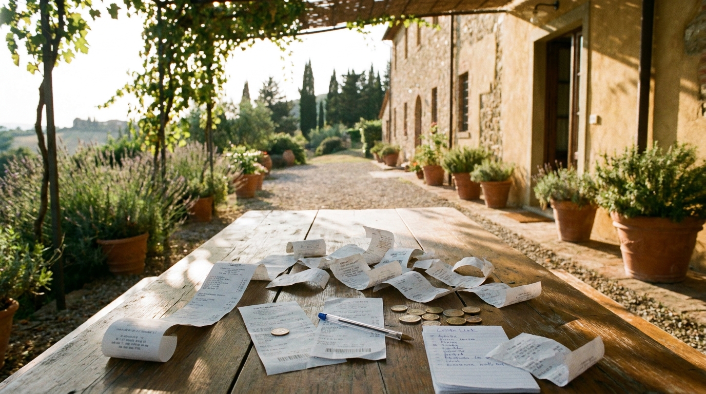 A spread of crumpled paper receipts on a long wooden table, a pen across two of them, a few euro coins, a handwritten list to the side.