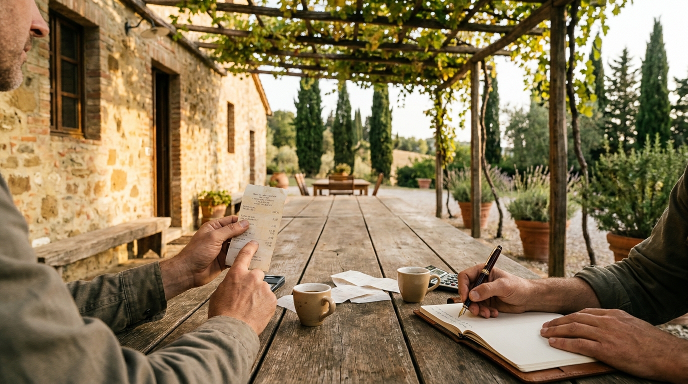 Two adults at a wooden table reviewing a paper receipt together, one pointing at a line item, the other writing in an open notebook.