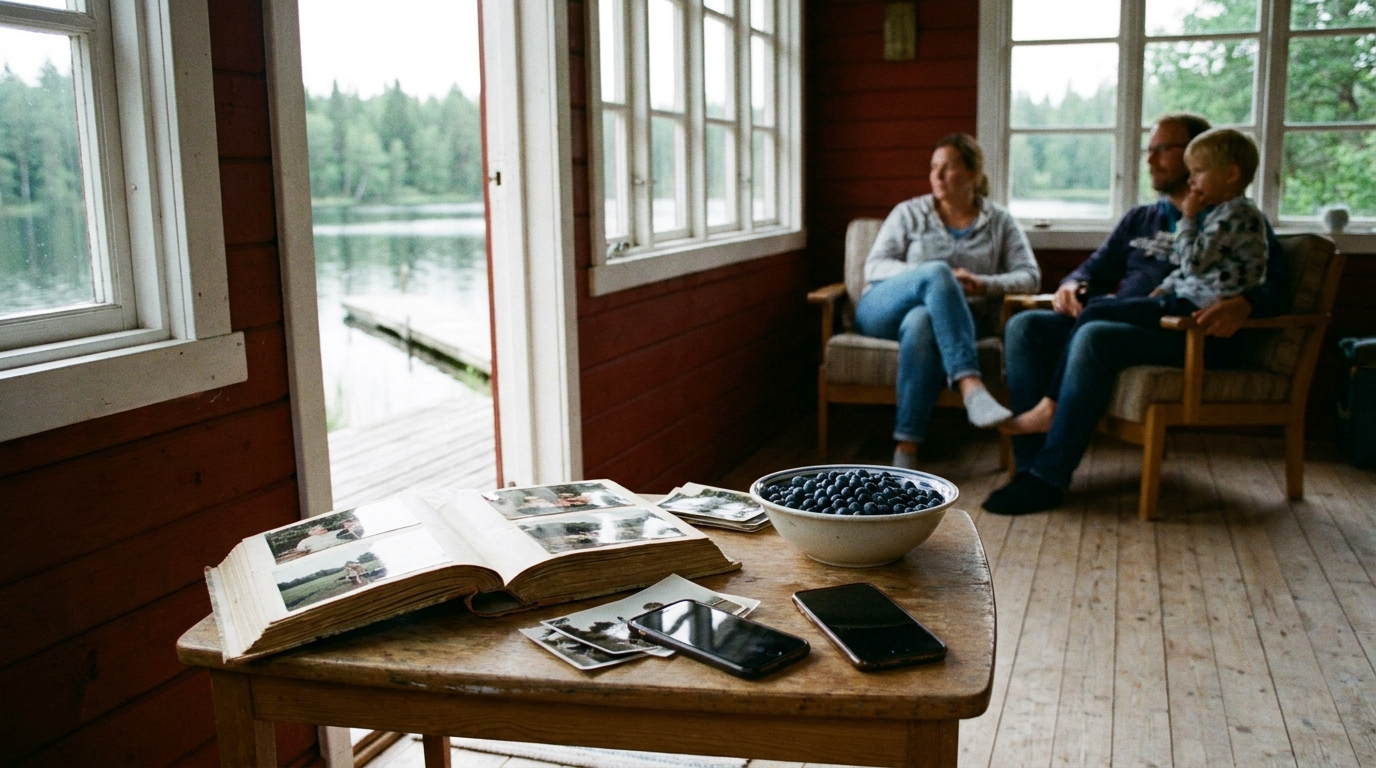 A family album, loose vacation photos, phones, and a bowl of blueberries on a table while relatives sit nearby