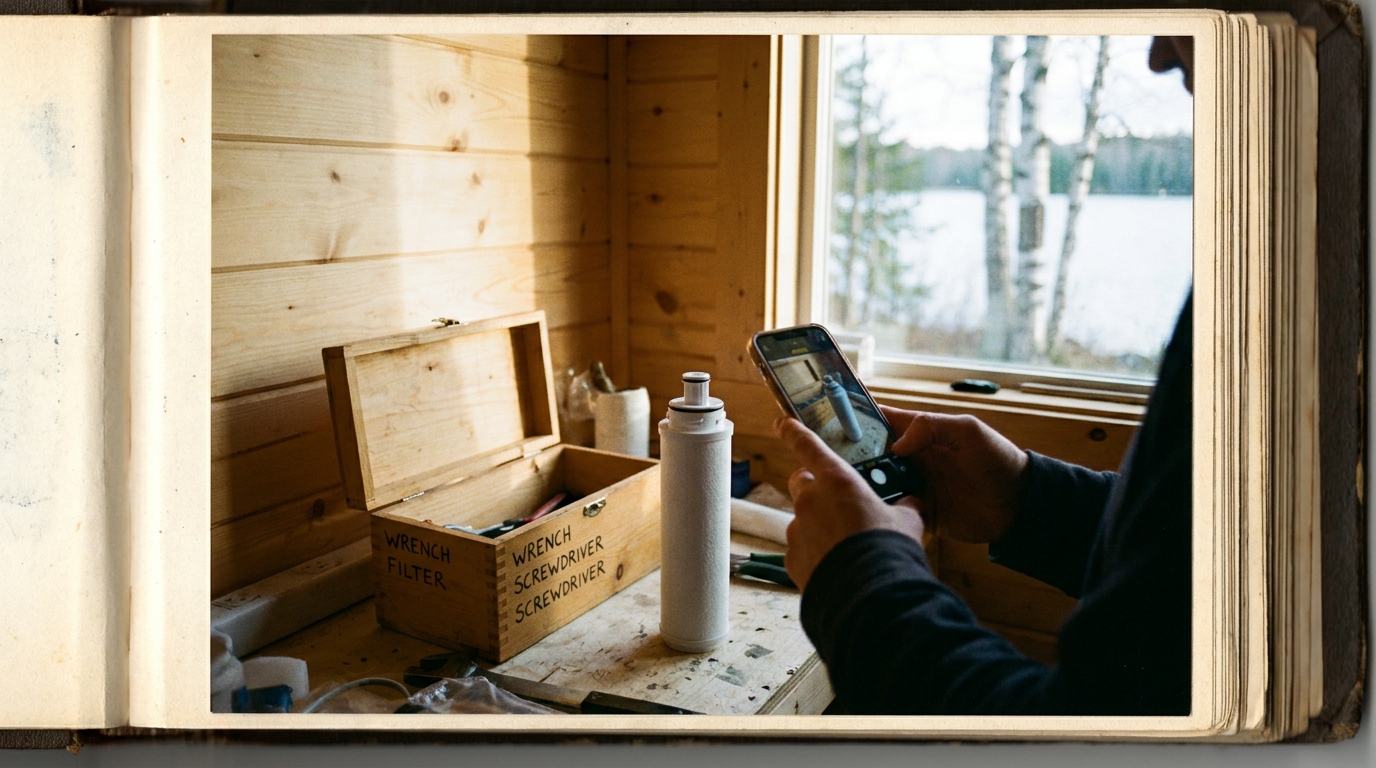 A person photographs a newly replaced water filter in a simple utility corner of a family summerhouse