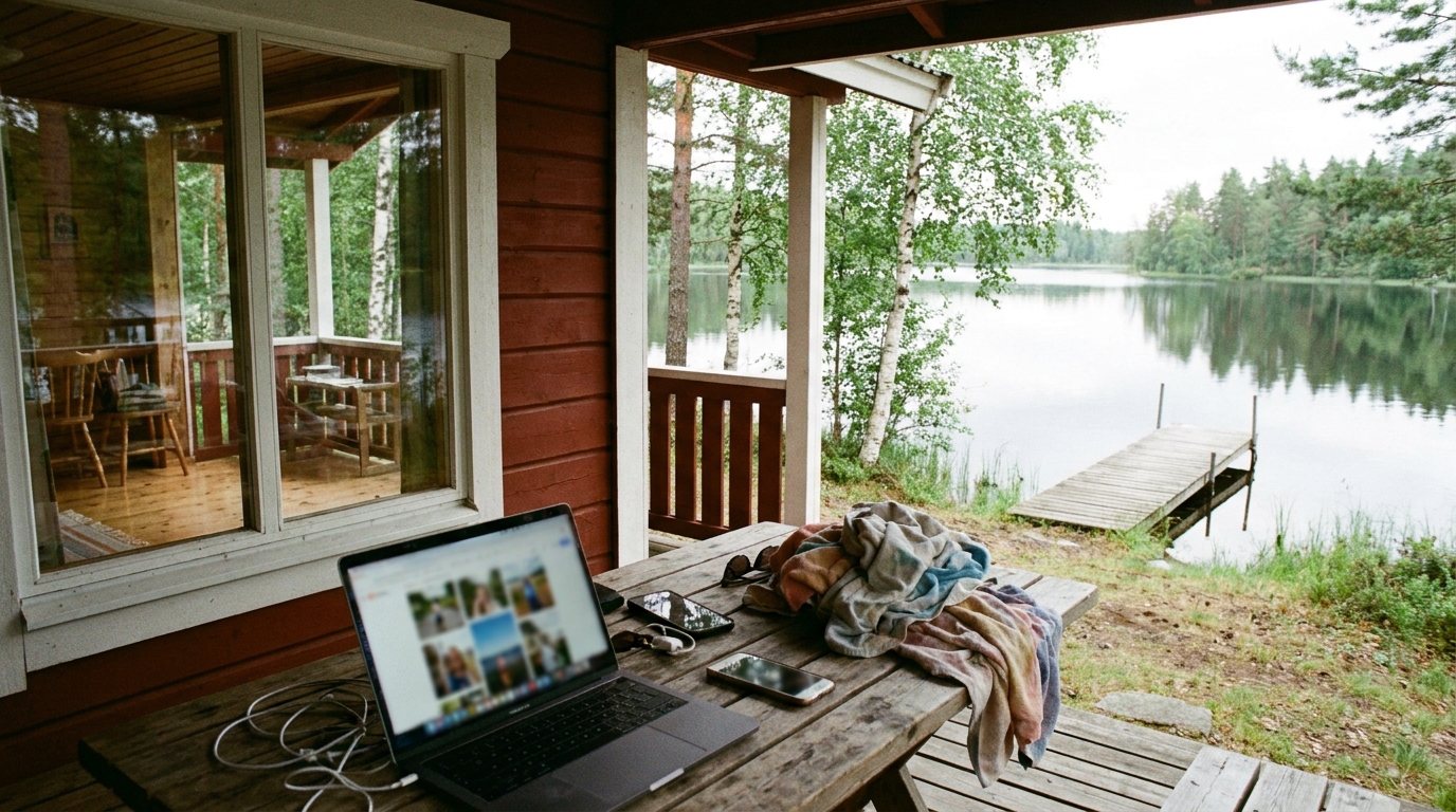 A laptop and phones on a summerhouse porch table showing a blurred shared photo grid after a lake trip