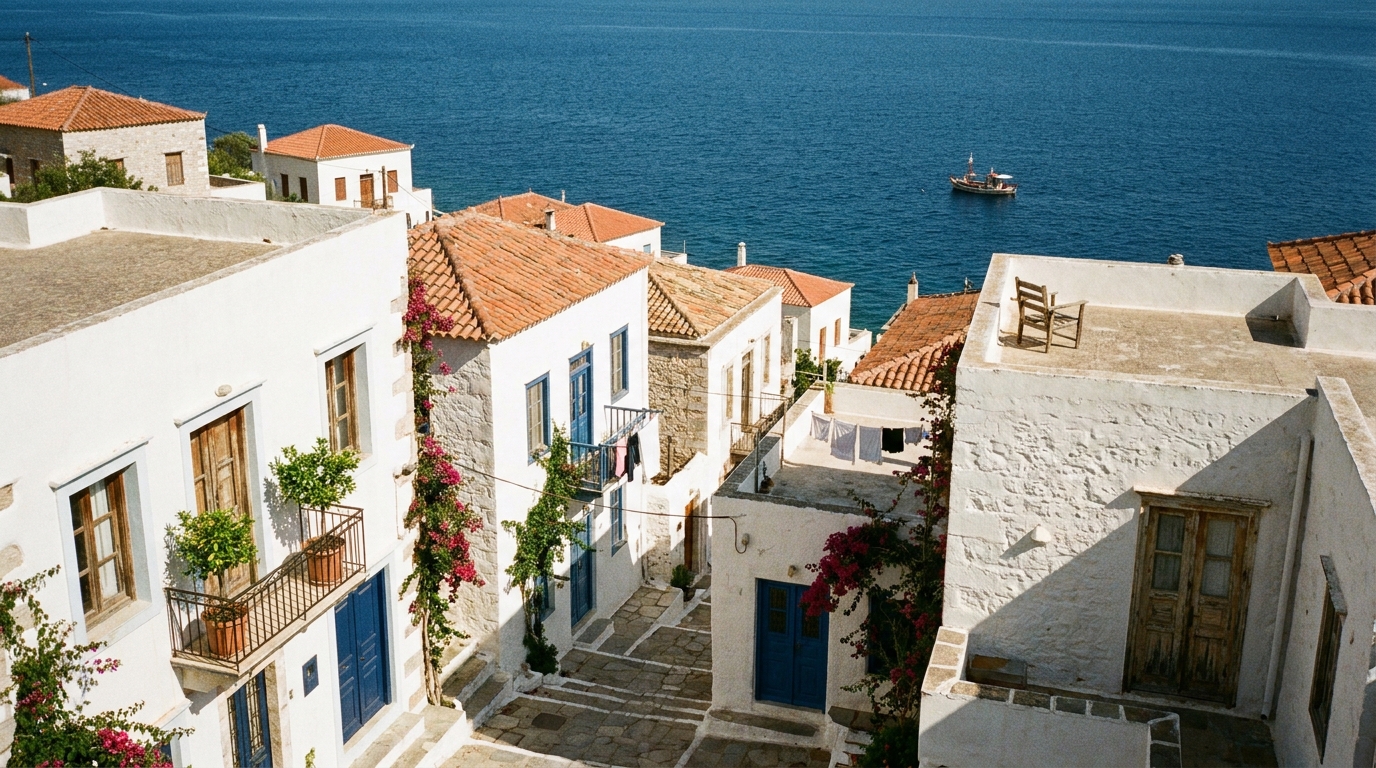 A whitewashed coastal village cascading down to the sea, typical of the Portuguese, Albanian, and Greek emerging coastal markets.