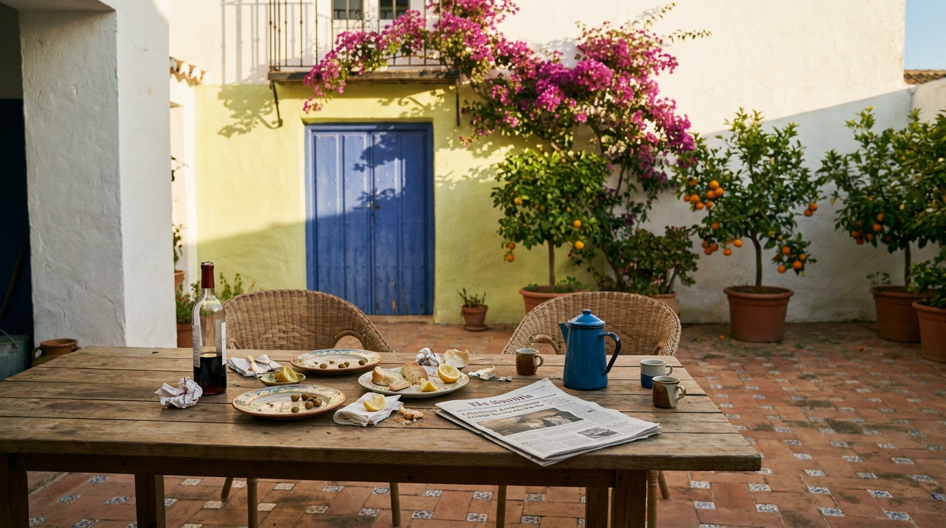 A small group sharing a long lunch in a whitewashed courtyard, the operating model that comes after the purchase.