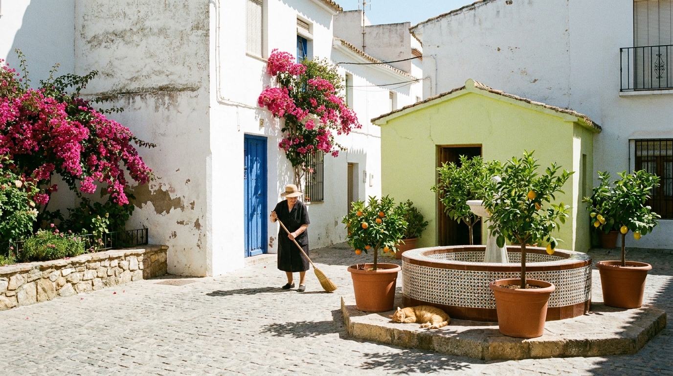 An empty whitewashed Mediterranean village square in mid-morning before the summer crowds arrive.