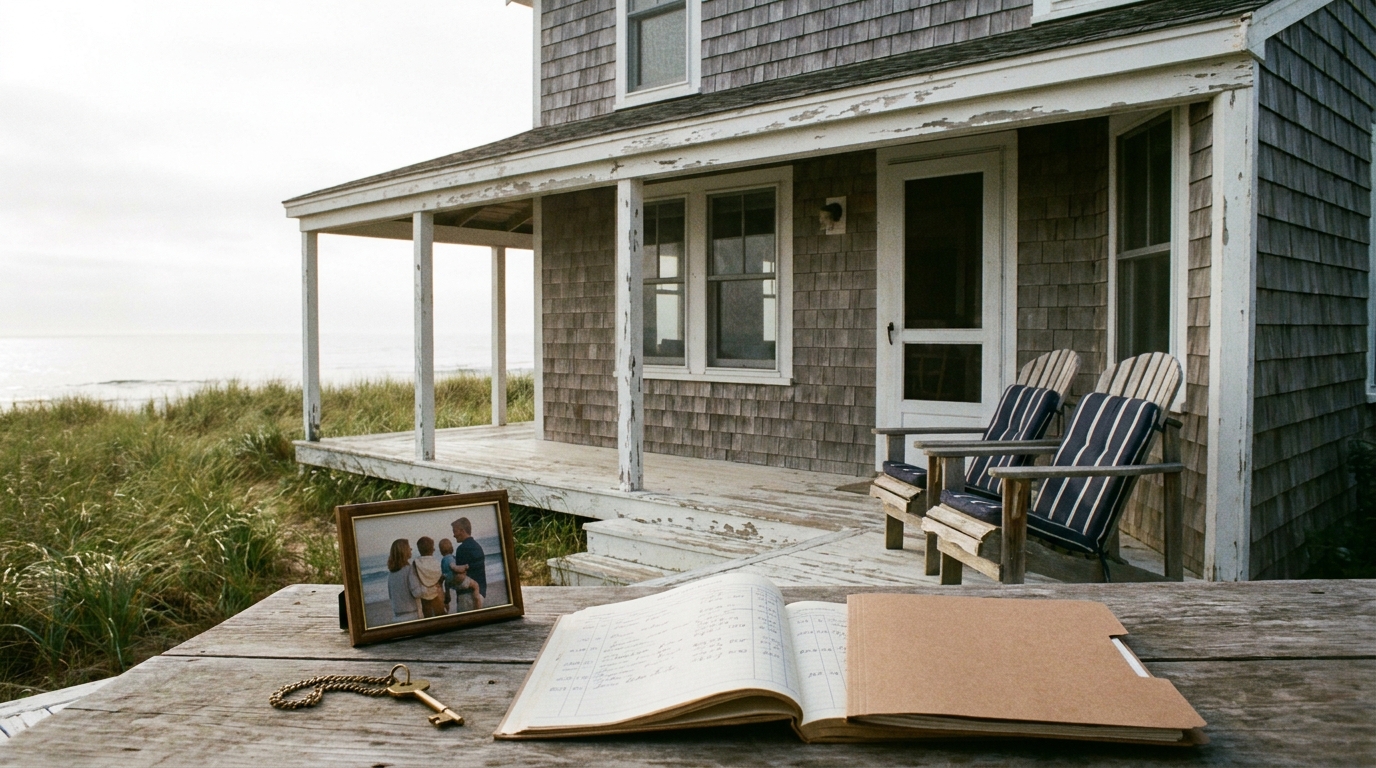 A weathered family beach house with a brass door fob, family photo, ledger, and folder on an outdoor table
