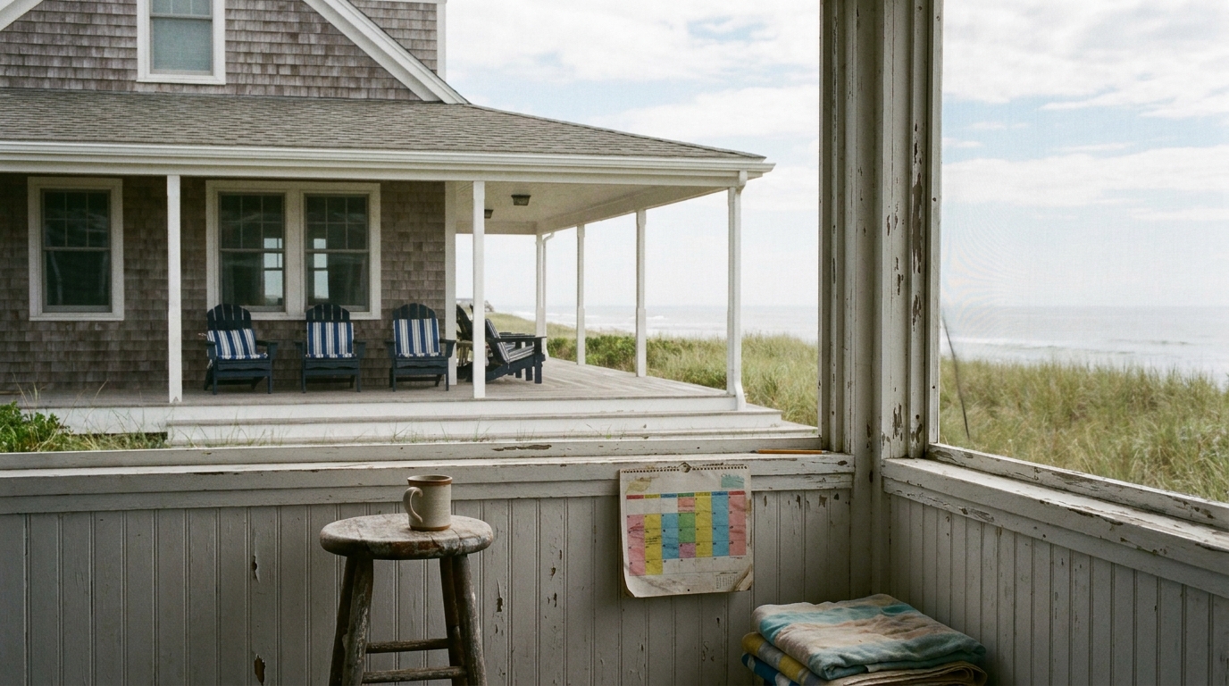 A paper calendar with colored blocks in the porch of a family beach house, looking out toward the dunes