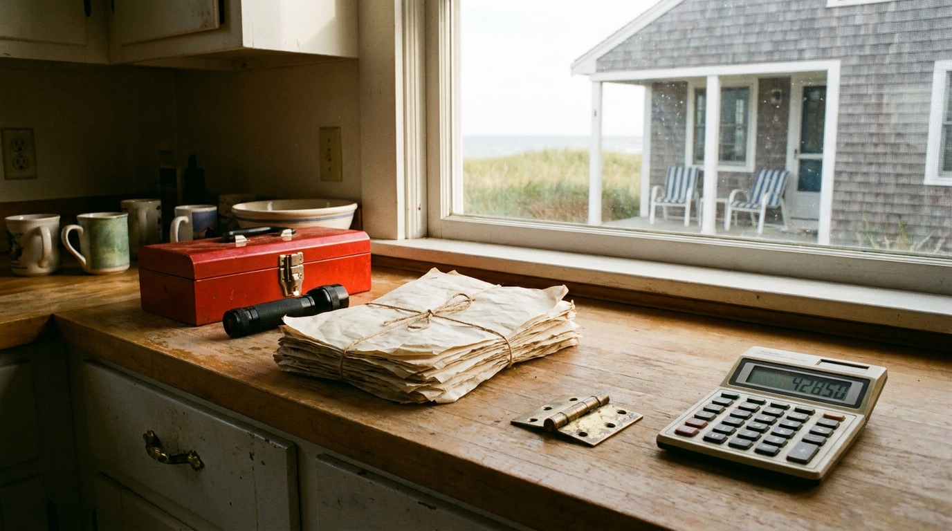 A calculator, old repair papers, a toolbox, and a loose hinge on a beach-house kitchen counter