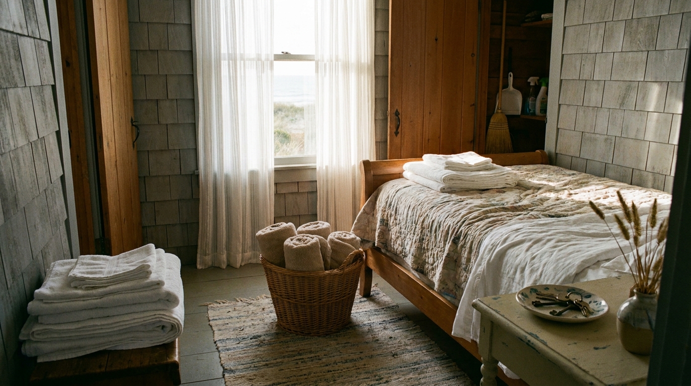 A guest bedroom in a family beach house prepared with clean towels, linens, entry fobs, and cleaning supplies