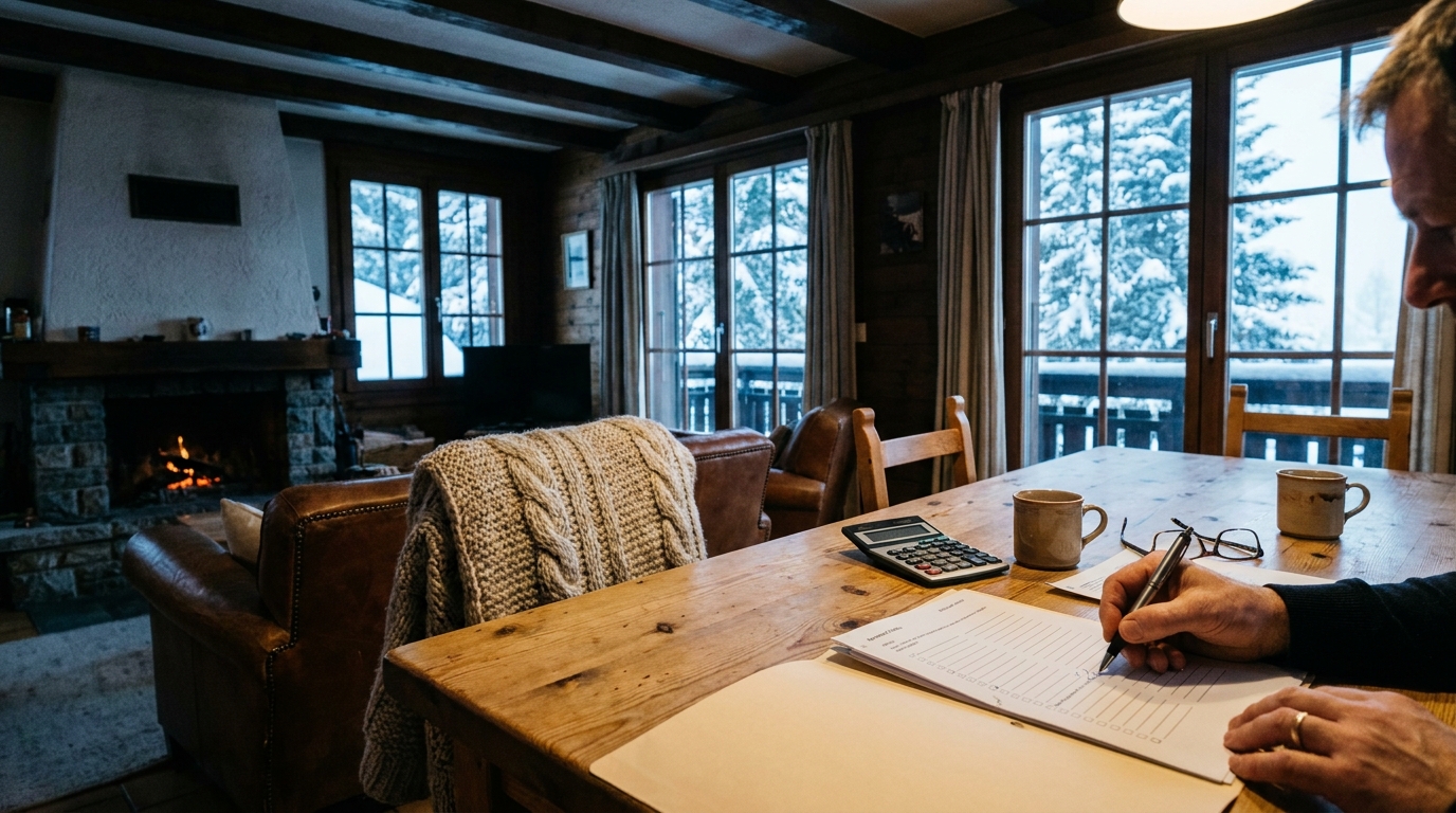 A renewal folder, calculator, and coffee on a chalet table while a family reviews insurance papers