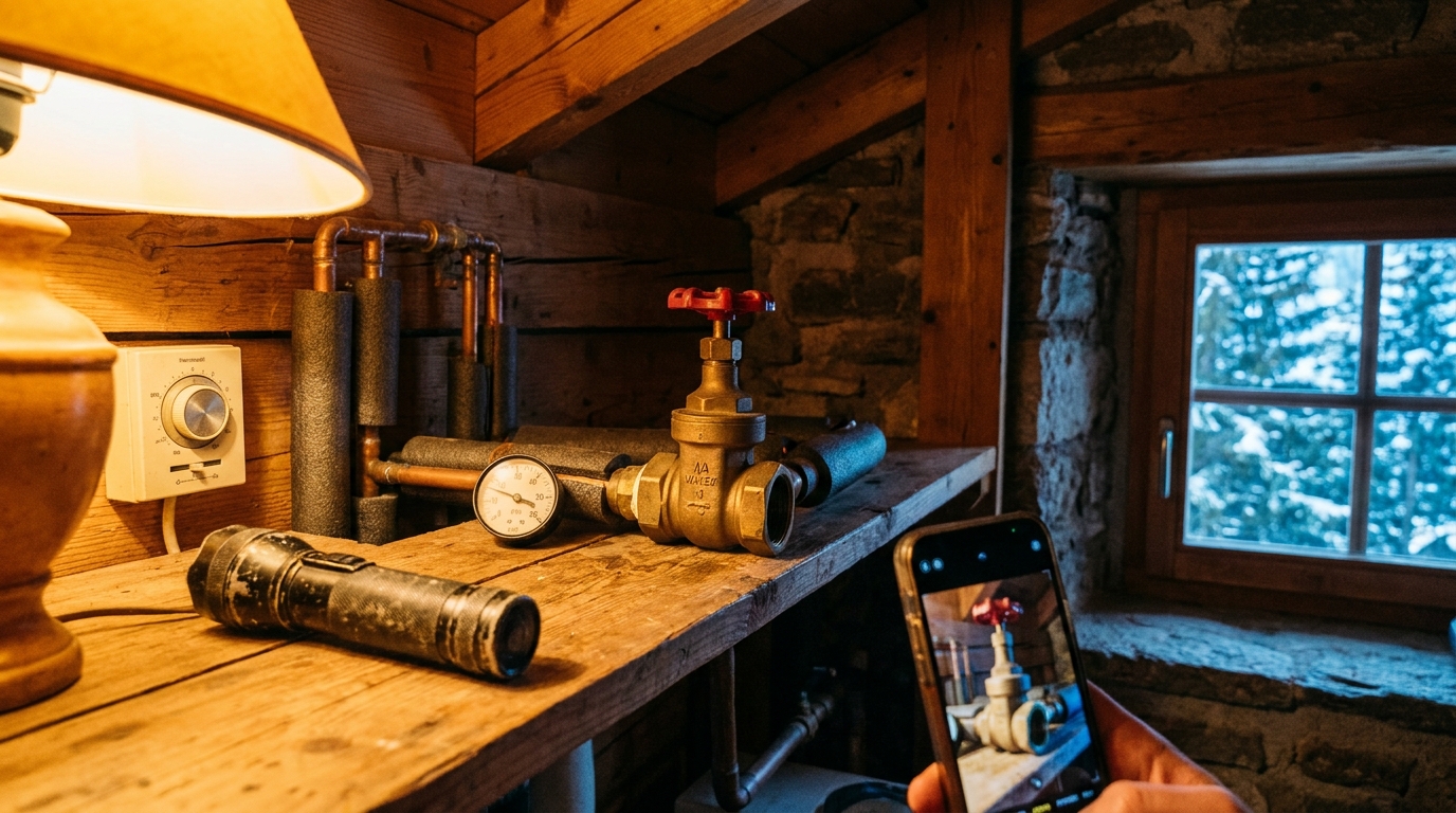 A chalet utility room with a water shutoff valve, thermostat, and phone photo for a winter vacancy check