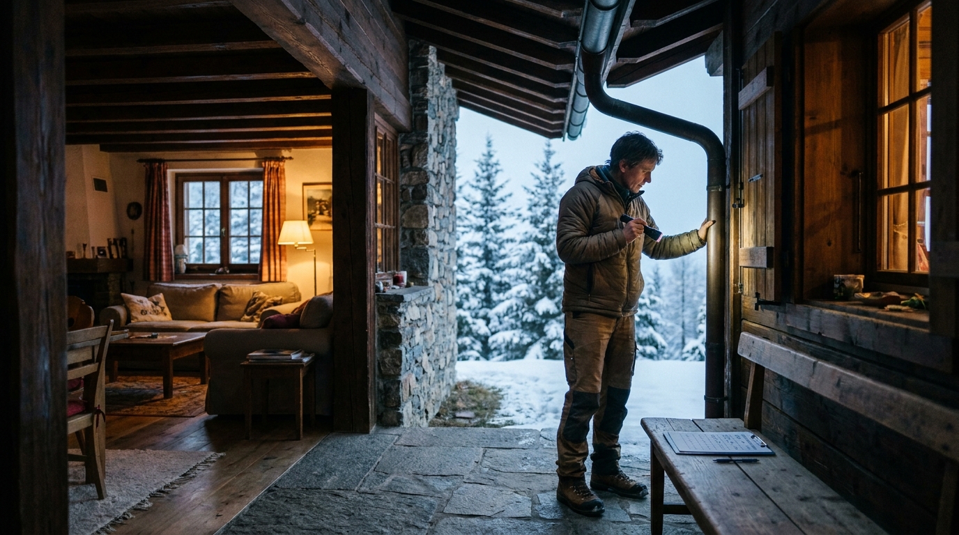 A homeowner inspects a chalet downspout and exterior timber during a winter maintenance round.