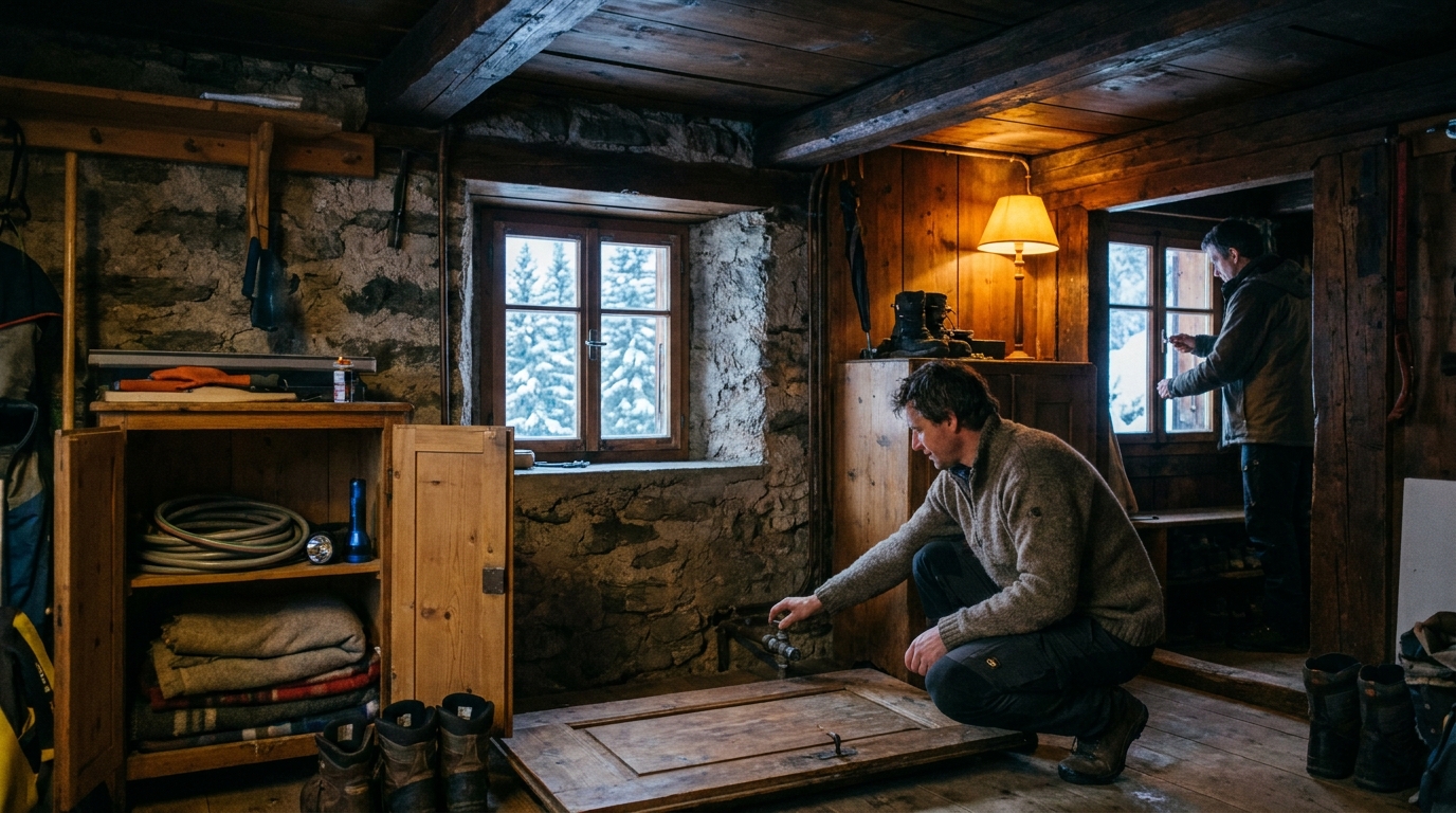 Two owners check a water shutoff and window latch while closing an alpine chalet for winter.