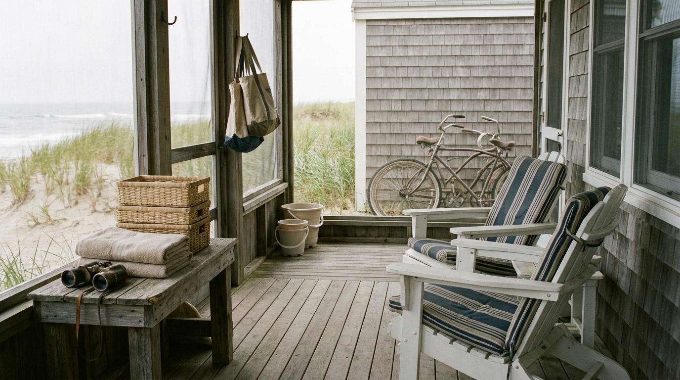 A familiar screened beach house porch with folded towels, baskets, binoculars, canvas bags, and bicycles ready for the next stay.