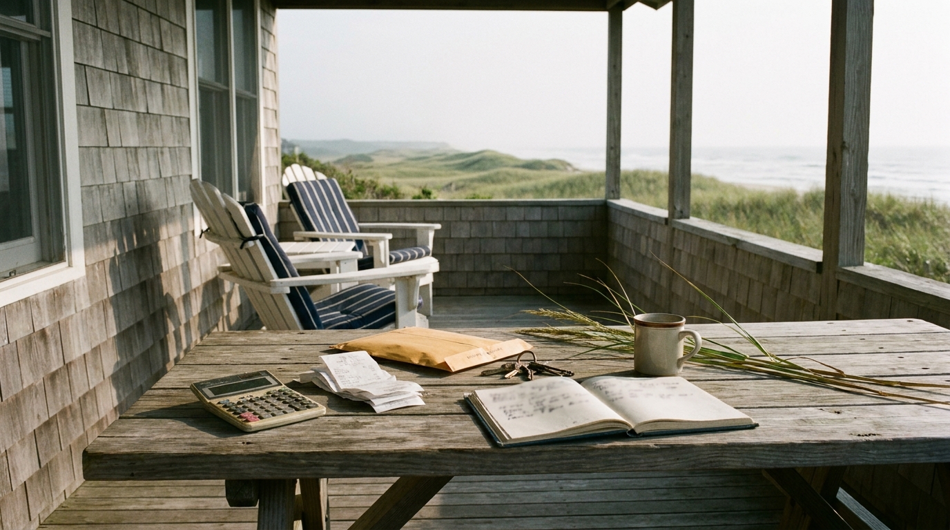 A calculator, maintenance receipts, keys, and a cost notebook on a weathered beach house porch.